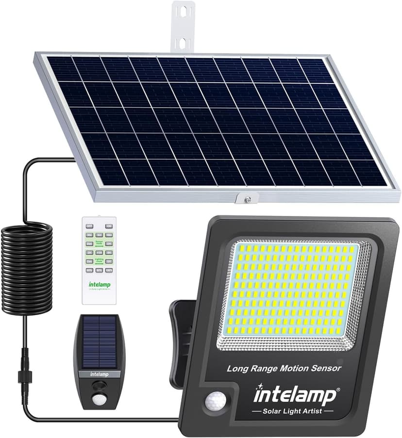 intelamp Solar Flood Lights Outdoor Waterproof, Linkable 12000mAh 3000LM Motion Sensor Floodlight with Remote Countrol Sensor Case 16.4Ft Cable, Dusk to Dawn Lighting Lamp for Street Outside House