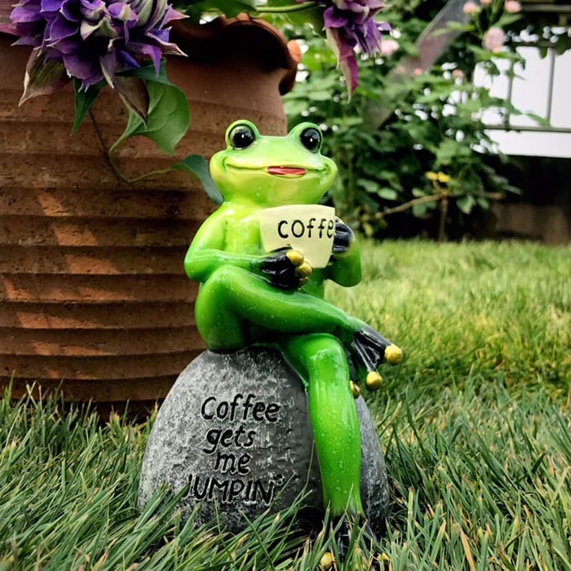 OwMell Frog Statue for Garden, Green Frog Figurine for Outdoor Decor Yard and Garden Decoration Resin Sculpture 6 Inches - Drinking Coffee