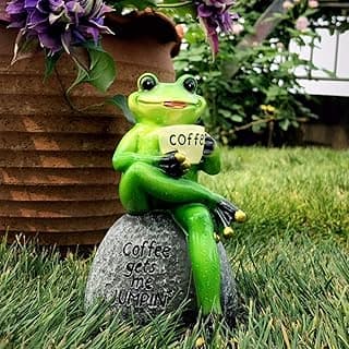 OwMell Frog Statue for Garden, Green Frog Figurine for Outdoor Decor Yard and Garden Decoration Resin Sculpture 6 Inches - Drinking Coffee