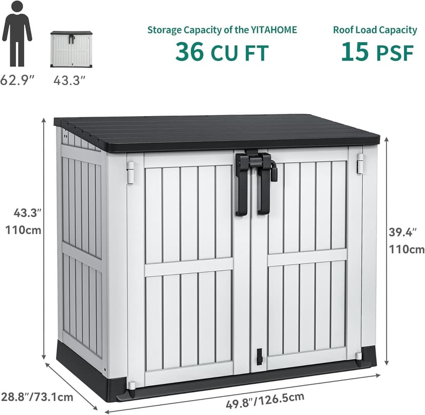 YITAHOME 36 cu ft Resin Outdoor Storage Shed, Weather-Resistant Horizontal Tool Shed, Waterproof Outdoor Storage with Lockable Doors & Air Vent for Trash Cans, Garden Tools (Light Gray)