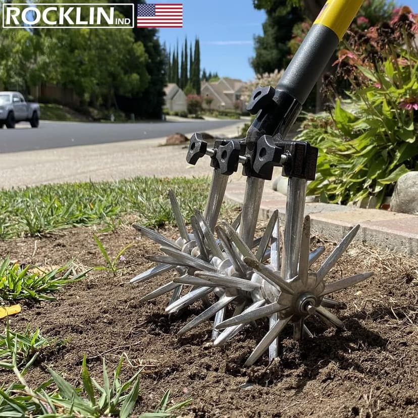 Rocklin Rotary Cultivator Tool - 60” Extra Long Handle - Aluminum Tines - Light Duty - for Softer Soils and Lawns - Also Great for Raised Bed Cultivating