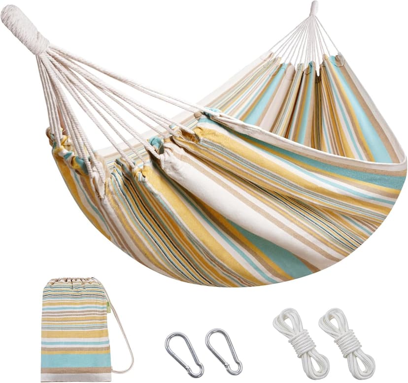 Brazilian Hammock with Tree Straps - Cotton Hammocks Portable Hammock with Carry Bag for Backyard, Porch, Outdoor and Indoor Use Yellow & Green