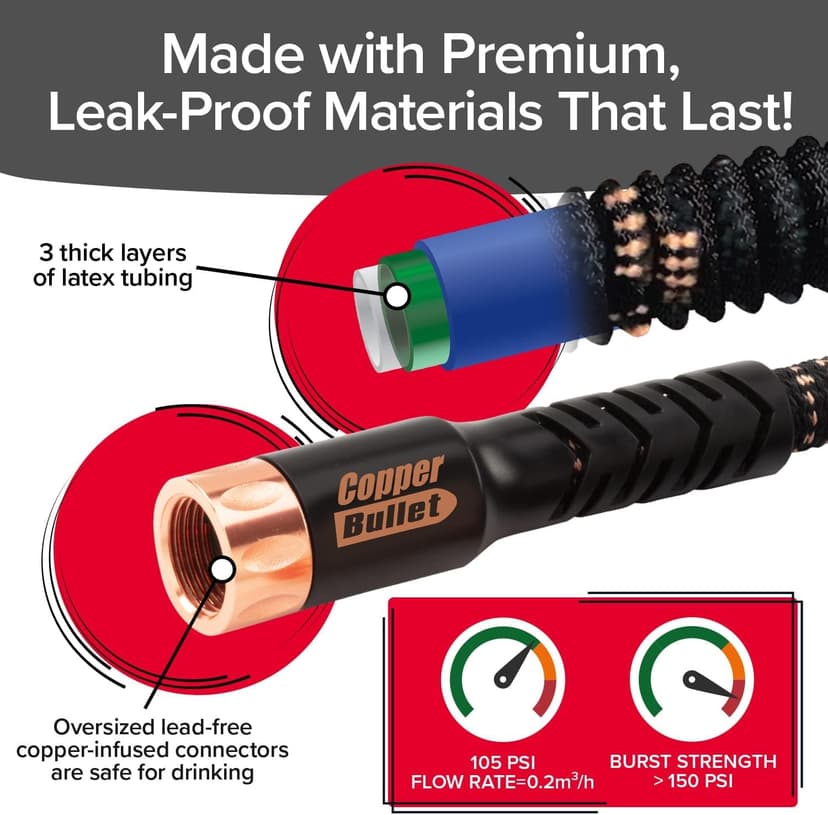 Pocket Hose Copper Bullet Expandable Garden Hose 50 FT w/10 Pattern Thumb Spray Nozzle AS-SEEN-ON-TV 650psi 3/4 in Patented Lead-Free Ultra-Lightweight Solid Copper Anodized Aluminum Fittings No-Kink