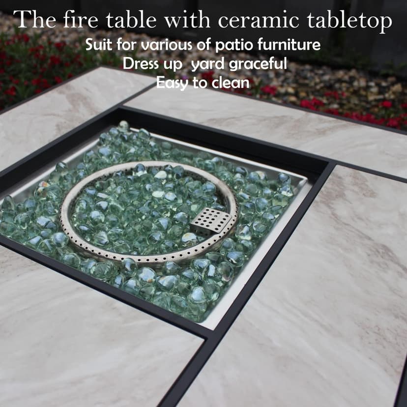 30" Propane Fire Pit with Real Ceramic Tabletop, 50000 BTU Gas Firepit Table with Lid & Glass Rock, Outdoor Fire Pit for Dining or Party, Firepit for Outside, Patio, Garden, Yard