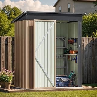 Greesum 5×3 FT Outdoor Storage Shed, Metal Storaged Sheds Without Floor, Tool Sheds with Lockable Doors and Slooping Roof for Garden, Patio, Backyard, Brown