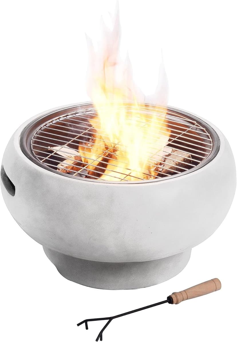 Teamson Home MGO Light Concrete Round Charcoal and Wood Burning Fire Pit for Outdoor Patio Garden Backyard with Spark Screen, Fireplace Poker, Grate, and BBQ Grill, Light Gray