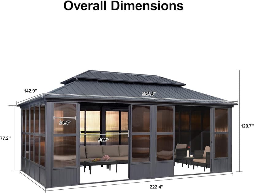PURPLE LEAF 12' X 20' Sunroom Permanent Hardtop Gazebo Solarium Galvanized Steel Double Roof Aluminum Outdoor Screen House for Patio Deck Backyard Grey