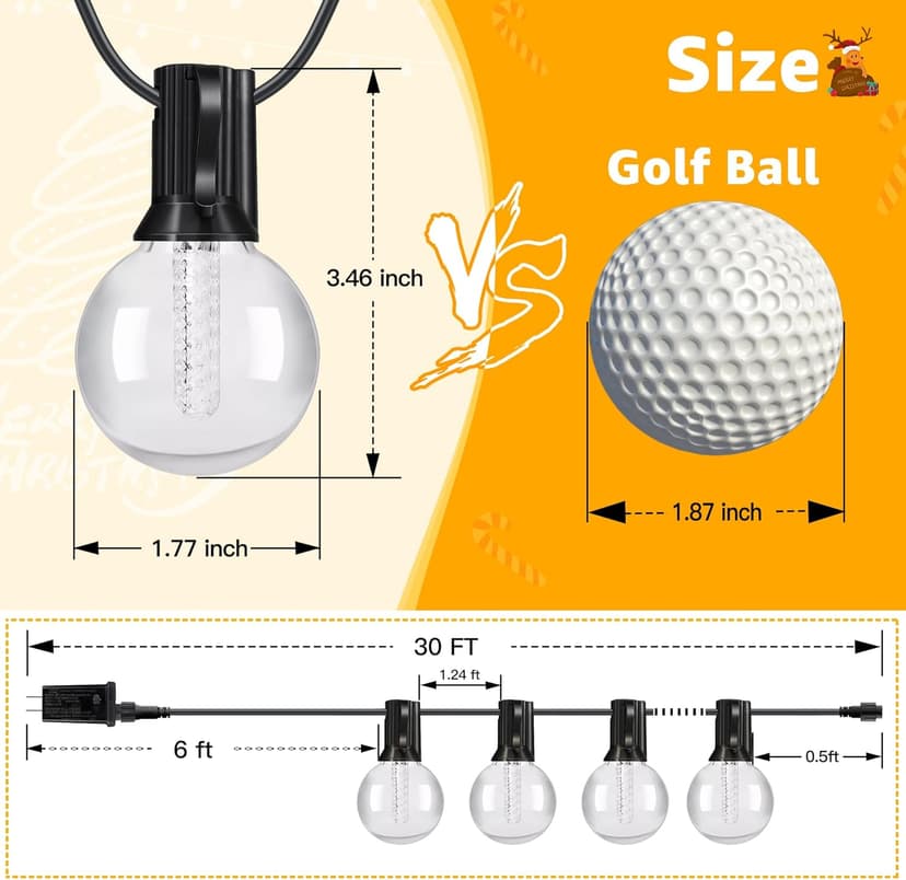 Ollny Outdoor Lights 30FT RGBW, Color Changing String Light with 20 Edison + 1 Spare G40 Bulbs, Plug in Remote Waterproof Timers Patio Lights for Outside Balcony Porch Camping Deck Yard
