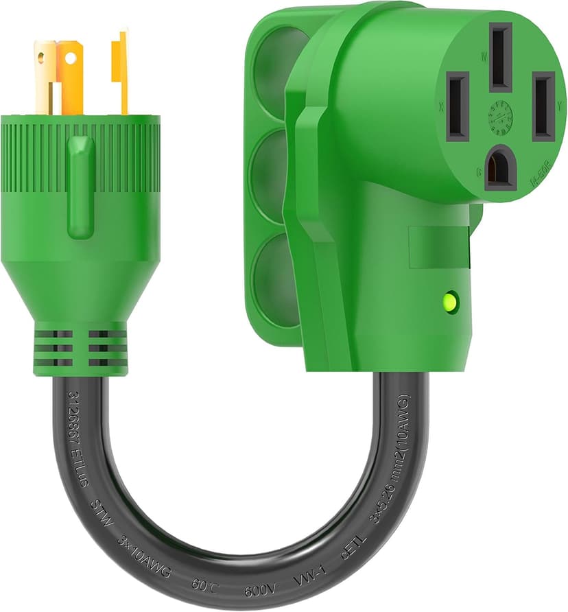 RVGUARD 3 Prong 30 Amp to 50 Amp RV Generator Adapter Cord 12 Inch, STW 10/3, L5-30P Locking Male Plug to 14-50R Female with LED Power Indicator, Green