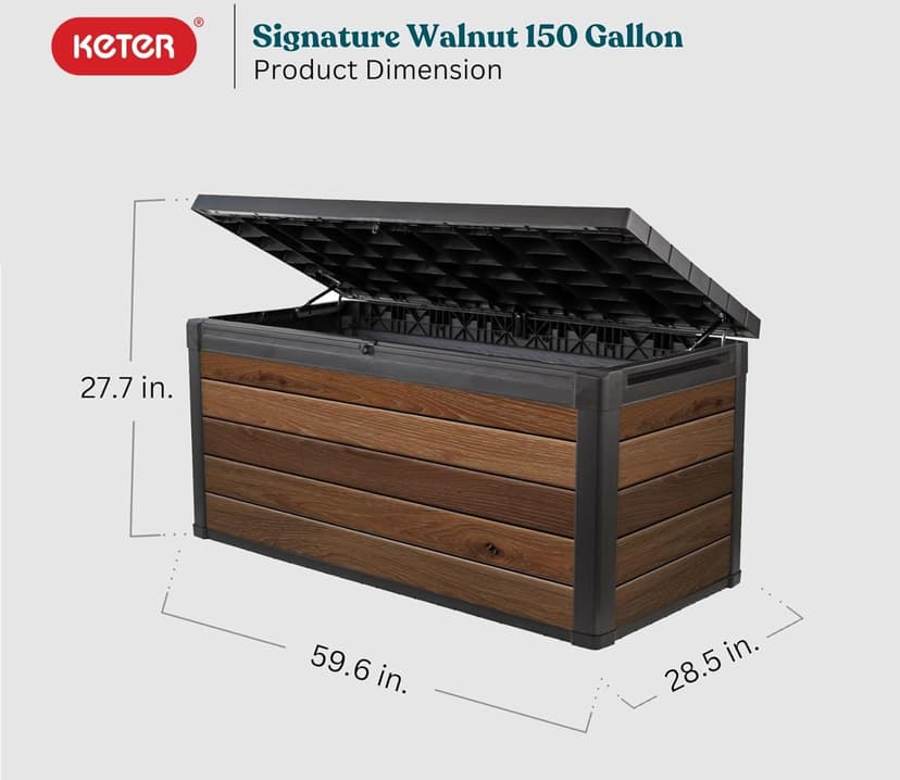 Keter Signature Collection 150 Gallon Resin Deck Box Organization and Storage Box for Patio Outdoor Cushions, Throw Pillows, Garden Tools and Pool Supplies, Walnut