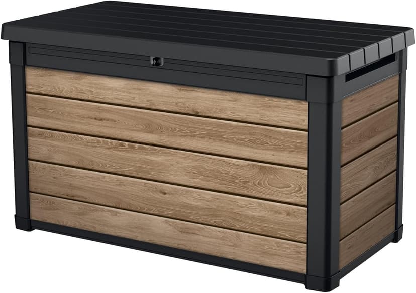 Keter Signature Collection 100 Gallon Resin Deck Box Organization and Storage Box for Patio Outdoor Cushions, Throw Pillows, Garden Tools and Pool Supplies, Ashwood