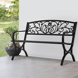 PayLessHere Black Outdoor Metal Loveseat Chairs Patio Garden Bench 50-inch Slatted Seat Armrests Floral Design Backres Perfect for Park, Yard, Porch, Lawn, Balcony, Backyard