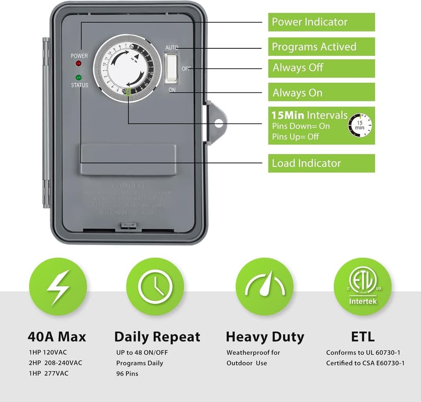 BN-LINK Pool Pump Timer, Outdoor Mechanical Timer Box, Heavy Duty 24 Hour Programmable, 2HP 40A Max, 120, 240, 277 VAC, for Pool Pump, Water Heater, Fans, SPA, ETL Listed