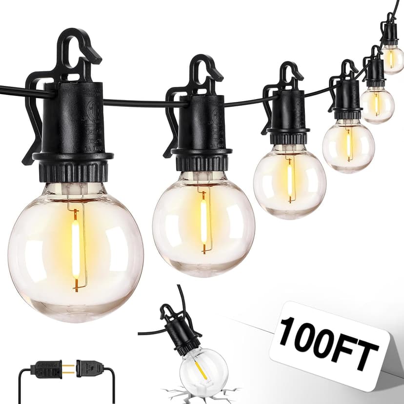 ZJOJO 100FT Outdoor String Lights, G40 Globe Outdoor Lights with 30 Shatterproof LED Bulbs (3 Spare), 2700K Hanging IP65 Waterproof Patio Light String Lights for Outside Backyard Porch Party