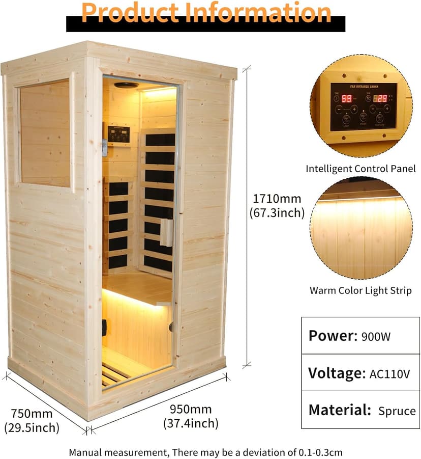 Far Infrared Wooden Sauna Room Home Sauna Spa Dry Saunas Single Person Spa Finland Spruce Wood fit for 7ft Person