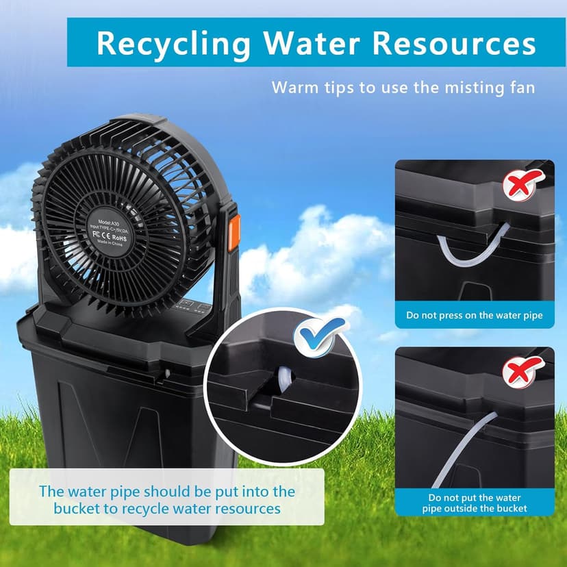 GHORA Portable Misting Fan with 9L Water Tank, 20000mAh Rechargeable Battery Camping Fan, Outdoor Cooling Fans for Patios with Remote & LED, 4 Speeds, 4 Spray Mister Modes, for Home, Outside