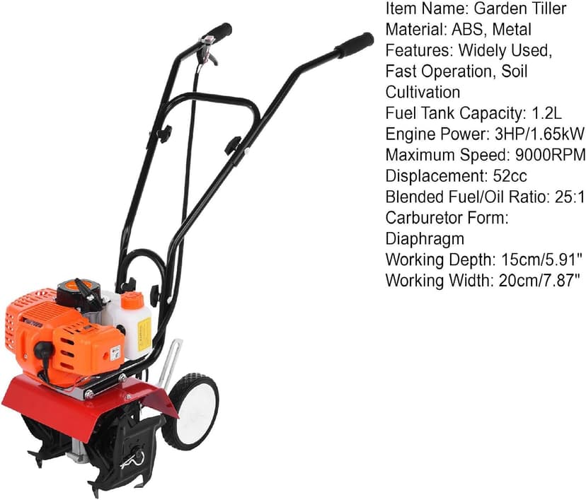 Garden Tiller Gas Powered,Garden Tiller,52cc 2 Stroke 9000RPM Cordless Tiller Cultivator,6-inch Depth Digging Petrol Cultivator 1.2L Fuel Tank Mini Tiller for Lawn Yard Soil Cultivation