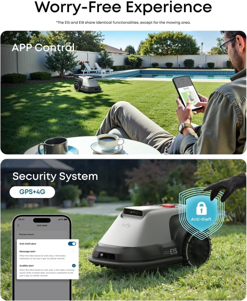 eufy Robot Lawn Mower E15, No Wire, No RTK, No Signal Issue, Hands-Free Auto Mapping, Precise Obstacle Avoiding, Reliable Lawn Maintenance, Worry-Free Experience