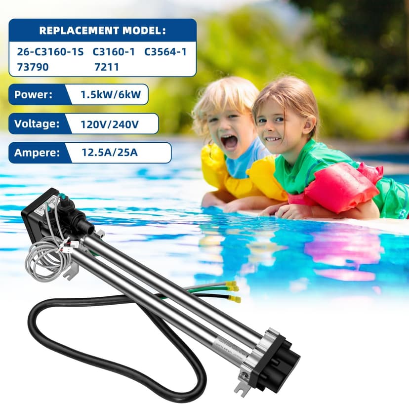 Hot Tub Heater 26-C3160-1S Suit for 1995+ Hot Spring Spa Heater Tiger River Watkins Spa Parts C3160-1 C3564-1 73790 7211 Titanium Heater Double-Pass 1.5kW/6kW 120V/240V 8.3A/16.6A