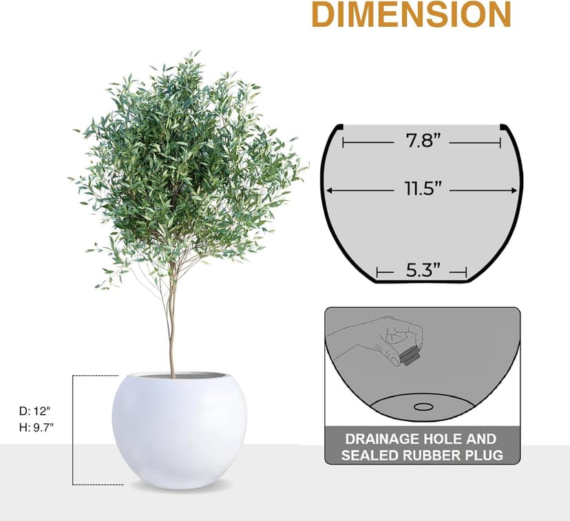 Globo 9.7" H x 12" D Fiberstone Premium Large Planter, (White), 7.8" Pot Opening, Sphere Drainage Pots, Lightweight Outdoor Planters, Planter for Indoor and Outdoor use, Gifts for Mom.