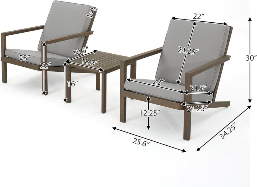 Christopher Knight Home Leah Outdoor Acacia Wood Chat Set with Water Resistant Cushions, 3-Pcs Set, Grey Finish / Grey