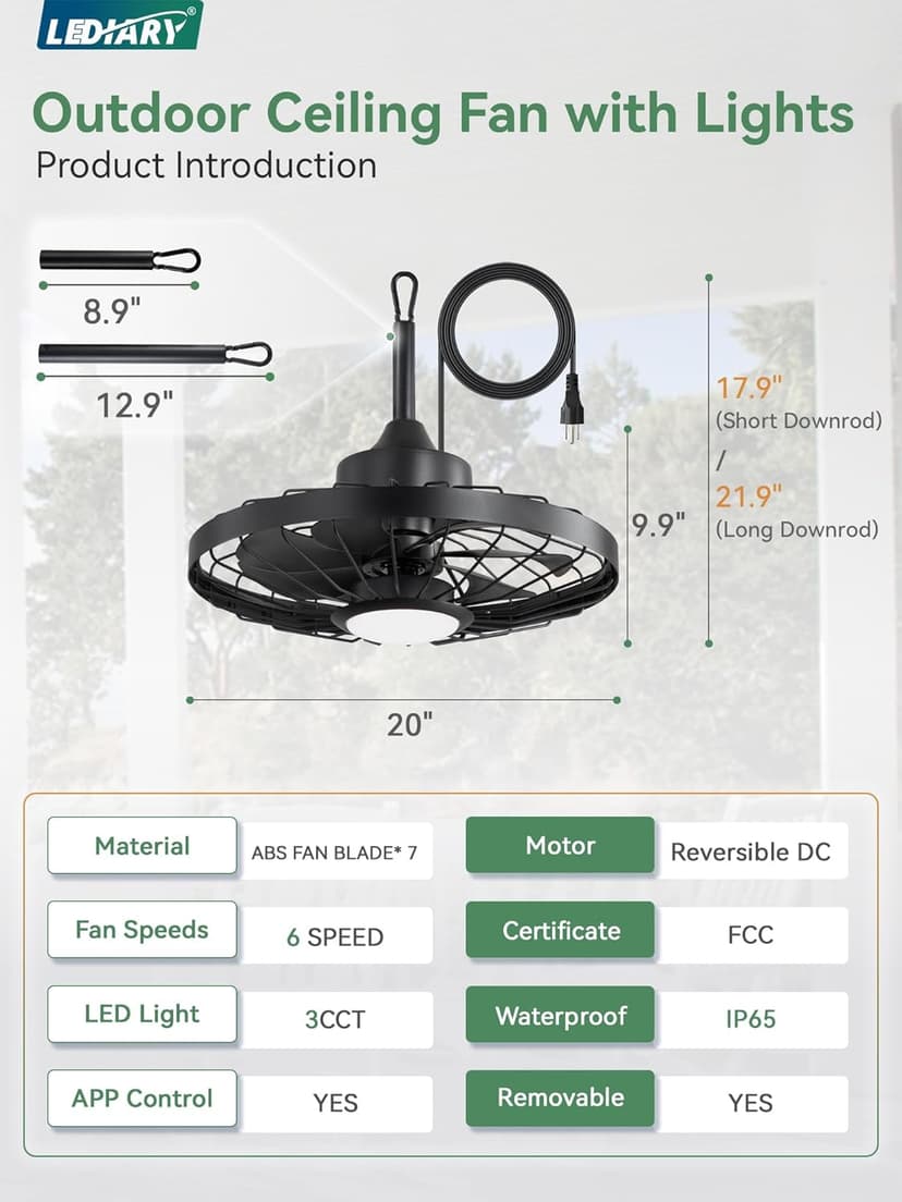 LEDIARY 20" Outdoor Ceiling Fan with Lights,IP65 Waterproof Gazebo Hanging Fan with Remote Control Smart App, Plug in Caged Ceiling Fan with 3CCT 6-Speeds for Patio Porch Pergola(Black)
