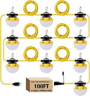 100FT Construction String Lights, IP65 Waterproof ETL Certified LED String Work Lights, 5000K Daylight 18AWG Wire Linkable Temporary Construction Lighting for Jobsite with 10 Bulbs & Hooks
