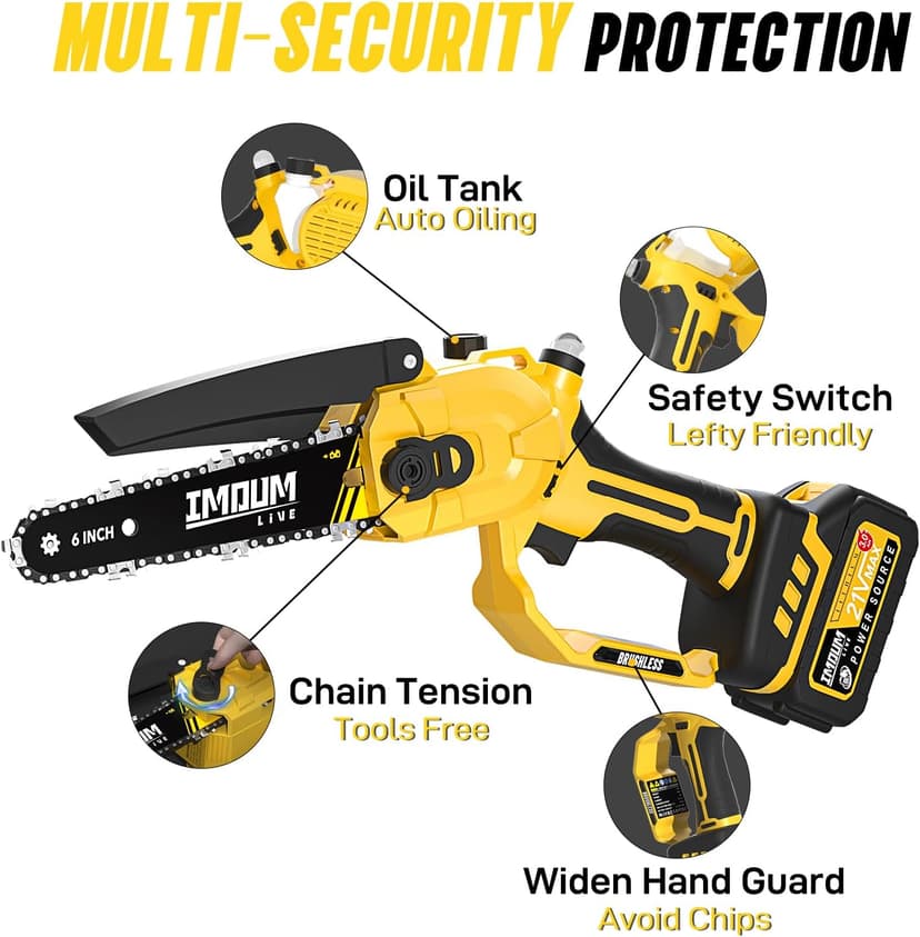 Mini Chainsaw Cordless 6 Inch, 32FT/S Fast Powerful Cutting, Brushless Electric Handheld Chain Saw with 3.0Ah Battery Powered, Auto Oiler, Lightweight, Sharp for Tree Trimming Pruning(Upgrade Version)
