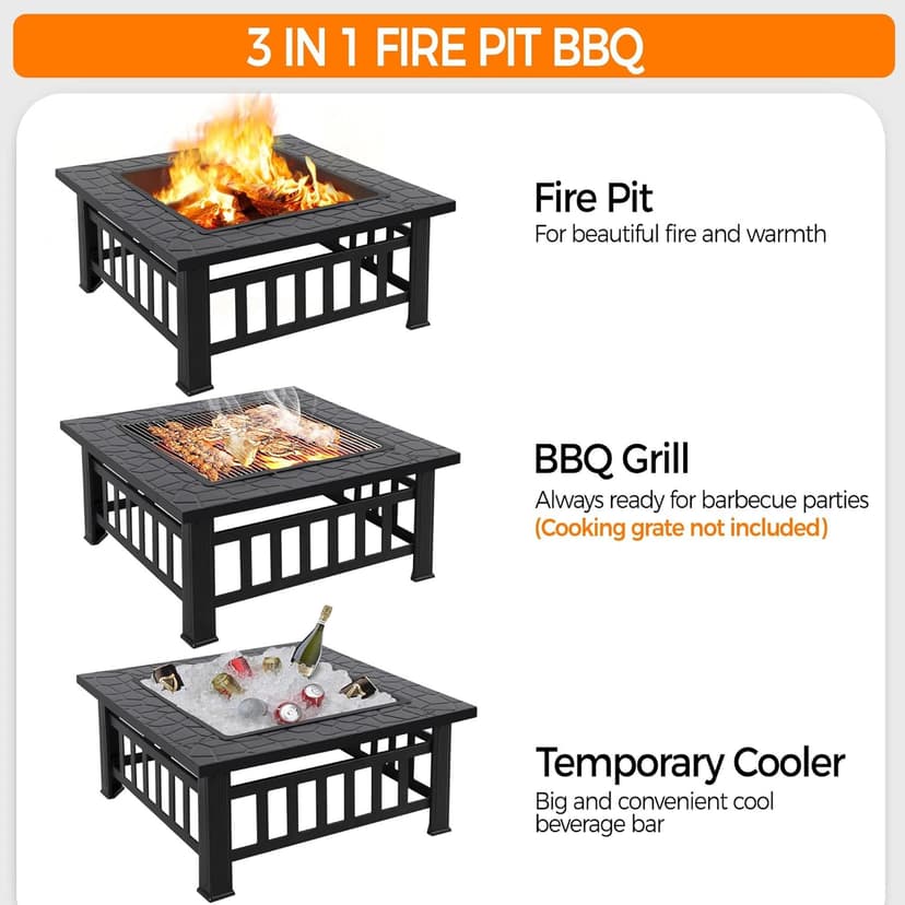 Yaheetech Multifunctional Fire Pit Table 32in Square Metal Firepit Stove Backyard Patio Garden Fireplace for Camping, Outdoor Heating, Bonfire and Picnic