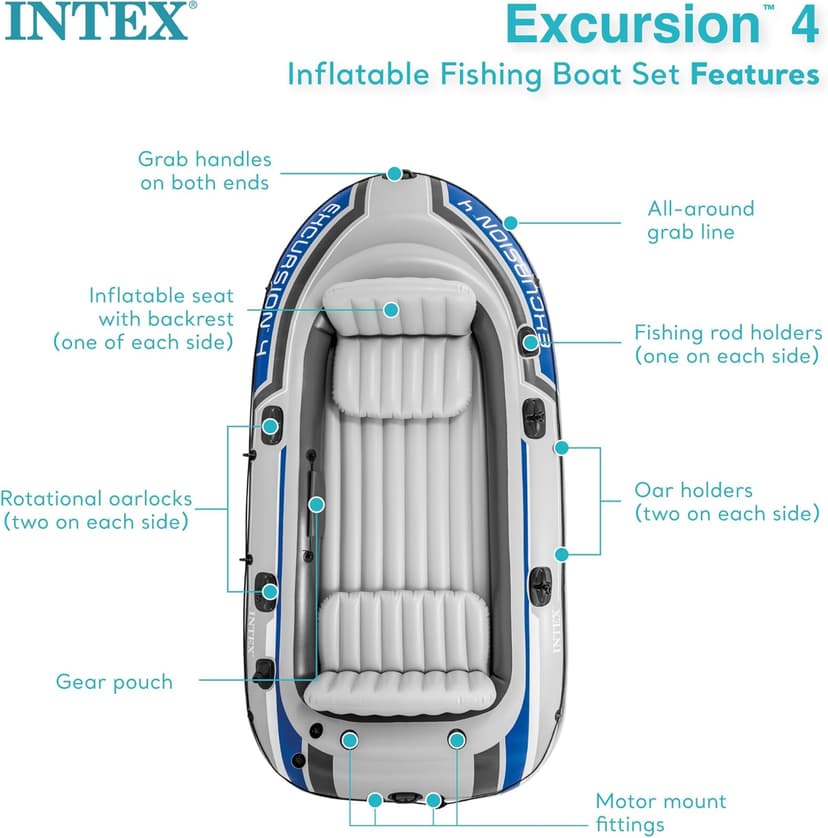 INTEX Excursion Inflatable Boat Series: Includes Deluxe 54in Boat Oars and High-Output Pump – SuperTough PVC – Adjustable Seats with Backrest – Fishing Rod Holders – Welded Oar Locks
