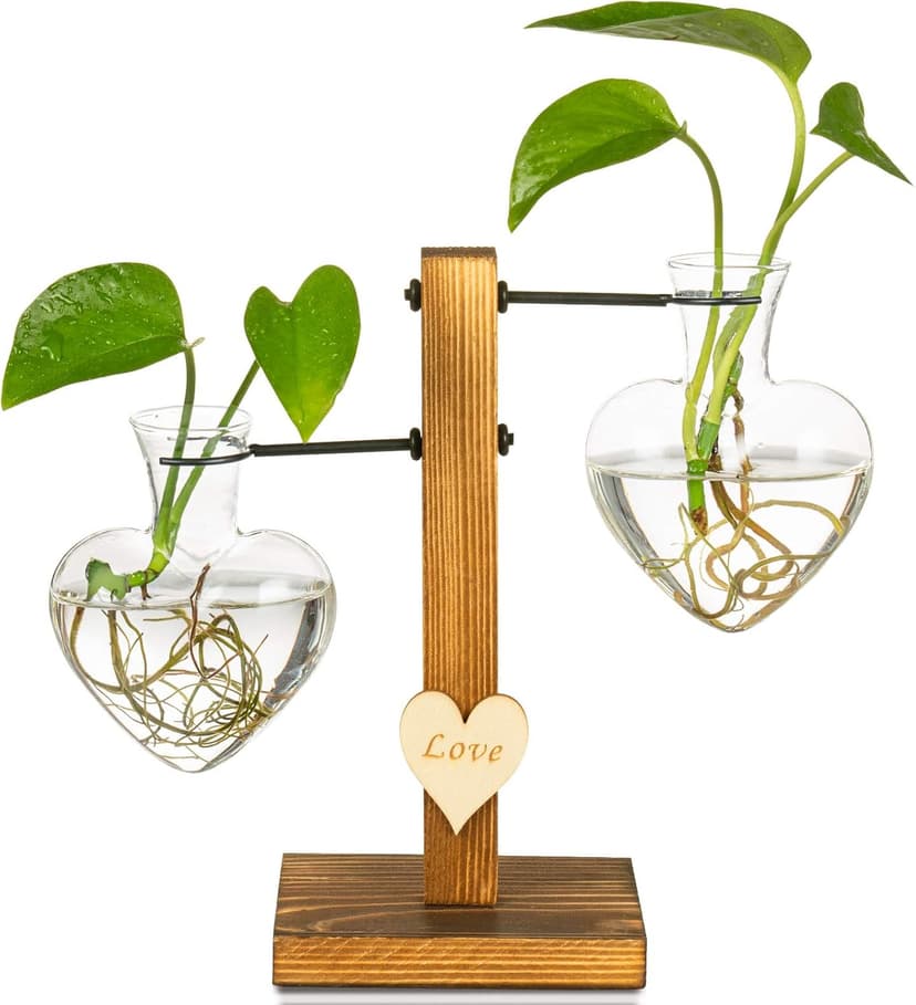 Kingbuy Hydroponic Glass Vase Vintage Desktop Plant Terrarium Planter Bulb Vase Water Planting Propagation Vase Planters Hydroponics Plants with Retro Wooden Stand Home Garden. (E（2 Heart Vase）)
