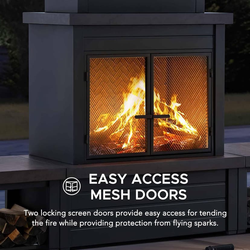 Sunjoy Outdoor Fireplace with Wood Storage and Chimney, Steel Metal Fire Pit with Mesh Spark Screen Door & Fire Poker, Fireplace Tool and PVC Cover, for Patio Garden Deck Backyard, Brown