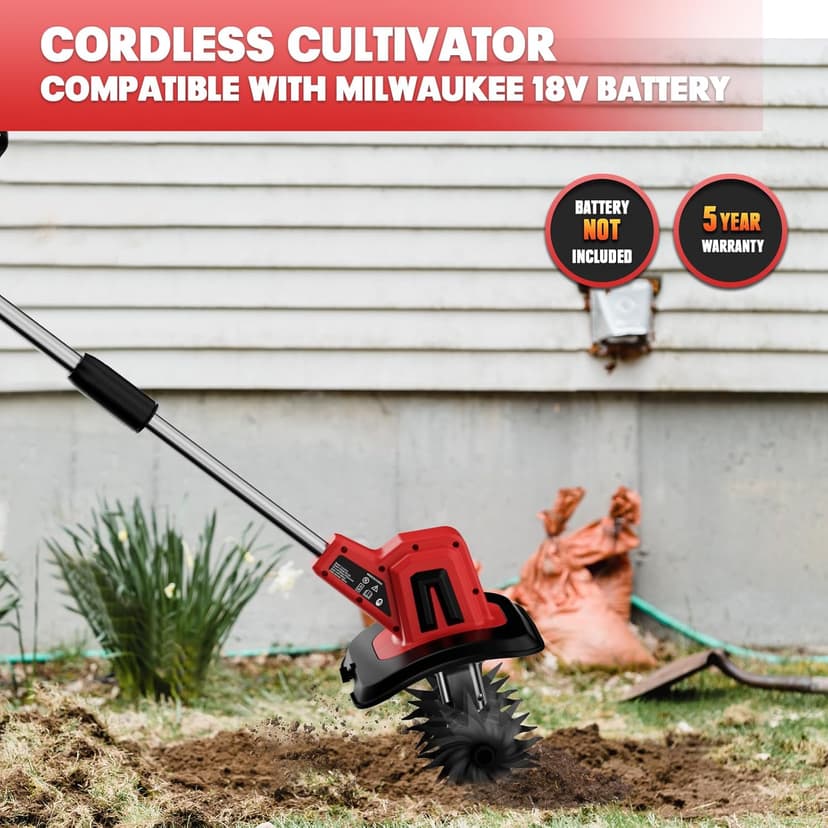 MaxMore Cordless Tiller Cultivator Compatible with Milwaukee 18V Battery (Tool Only), Electric Garden Rototiller with 48 Steel Tines, 8.7" Tilling Width, 6.3" Depth for Gardening, Soil Turning