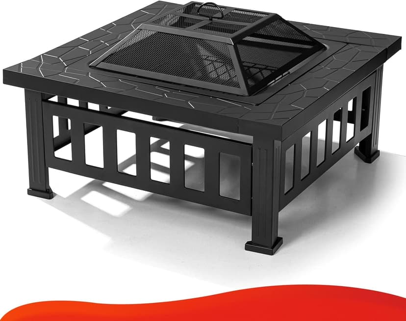 SINGLYFIRE 32 Inch Fire Pit Table for Outside Square Metal Firepit Outdoor Wood Burning Large Steel Bonfire Pit for Patio Backyard Garden with Waterproof Cover,Spark Screen,Log Grate,Poker