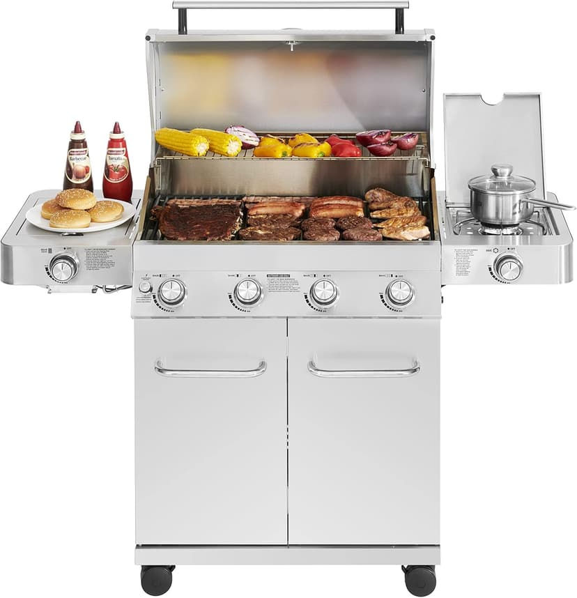 Monument Grills Larger 4-Burner Propane Gas Grills Stainless Steel Cabinet Style with Side & Side Sear Burners, Built-In Thermometer, and Knob Controls