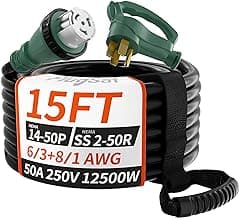 50 Amp Generator Cord, 15FT 50 Amp RV Extension Cord with Twist Lock, Generator Cable 50A 4 Prong Green, NEMA 14-50P/SS2-50R Heavy Duty 6/3+8/1 AWG STW Wire for RV Camper & House