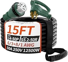 50 Amp Generator Cord, 15FT 50 Amp RV Extension Cord with Twist Lock, Generator Cable 50A 4 Prong Green, NEMA 14-50P/SS2-50R Heavy Duty 6/3+8/1 AWG STW Wire for RV Camper & House