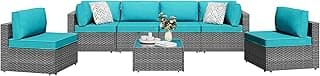 Shintenchi 7 Pieces Outdoor Patio Furniture Sets, Patio Sectional Sofa Couch, Silver Gray PE Wicker Furniture Modular Patio Conversation Sets Patio Sofa with Washable Cushions & Coffee Table (Blue)