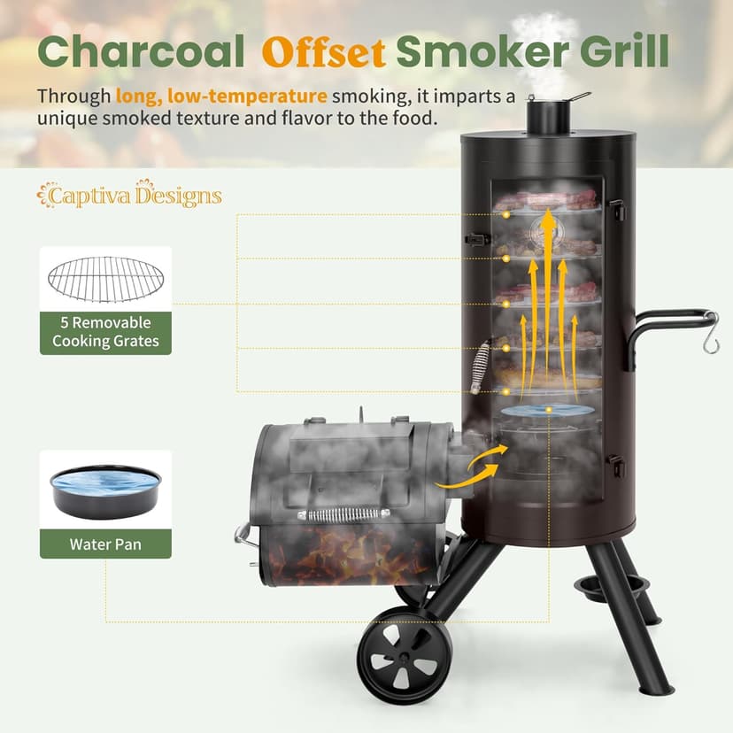 Captiva Designs Charcoal Vertical Smoker Grill and Offset Smoker Grill Combo, Extra Large Outdoor Barrel BBQ Meat Smoker Grill with 5 Removable Smoking Grates & Built-in Hooks for Various Meat Foods