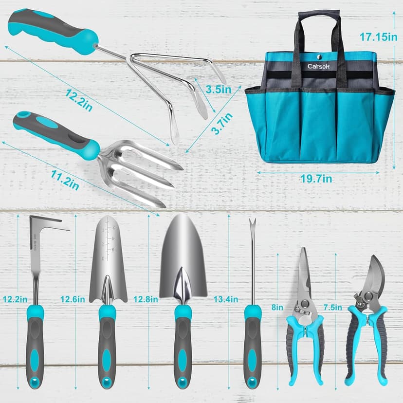 10 Piece Heavy Duty Stainless Steel Garden Tools Set with Ergonomic Rubber Handle. Variety of Gardening Hand Tools for Planting. Ideal Garden Gifts