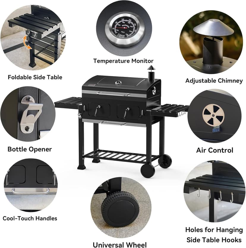 Onlyfire Extra Large BBQ Charcoal Grill with Versatile Cooking Grate and Warming Rack, Outdoor Barbecue Stove with Dual-Zone Adjustable Charcoal Tray, Grill Cover Included, Black GS339