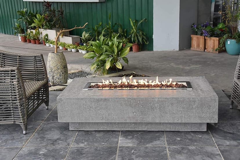 AMS Fireplace | Elementi | Large Rectangular Propane Fire Pit Table for Outside Patio | Canvas Cover, Lava Rocks, and Gas Key Valve Included | Fuel: Liquid Propane, Hampton - Light Grey