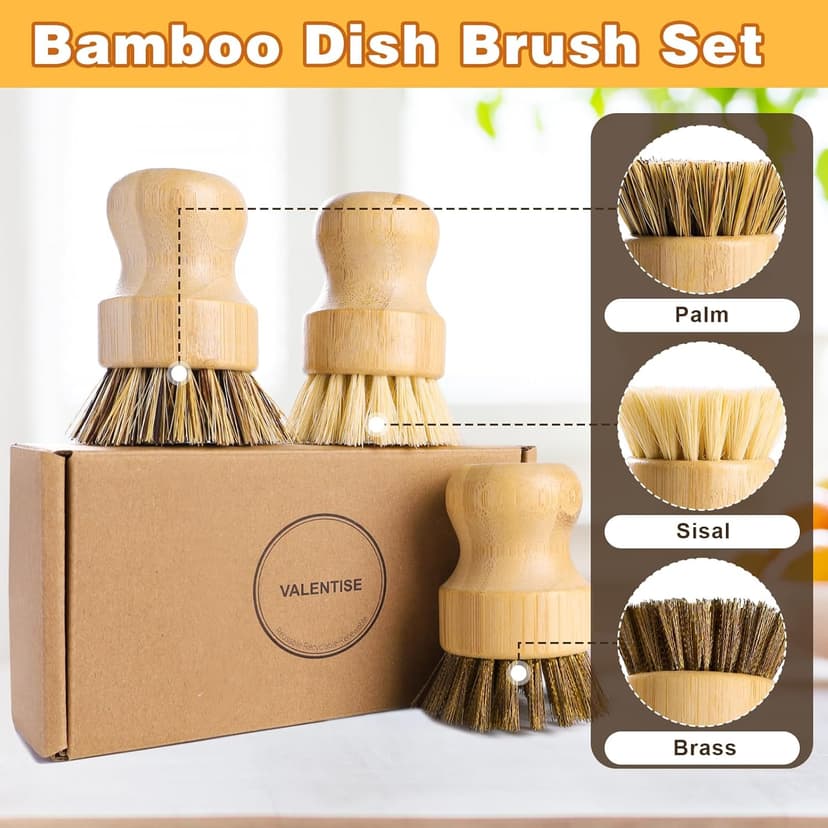 Bamboo Dish Brush Set, 3 Pcs Wooden Scrubber, Brass Brush and Pot Brush with Sisal and Palm for Cleaning Vegetables, Pots and Ovens