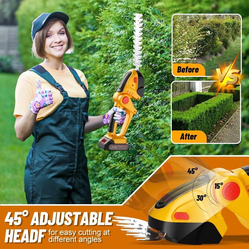 Hedge Trimmer Cordless with 21V Battery - 2 in 1 Electric Shrubbery Trimmer, Handheld Grass Shear Cutter Lightweight-Mini-Grass-Trimmer Bush Trimmer for Garden Yard Lawn Pruning