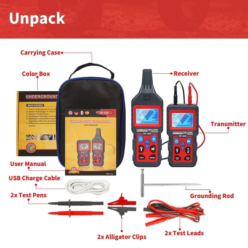 Underground Cable Wire Locator, RockyMars Cable Tester Wire Tracker, Detect Cables, NF826 Underground Wire Locator for Dog Fence Cables, Wire Detector Test Short Circuit Breaker of Wall