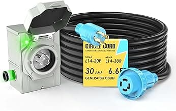CircleCord 4 Prong 6.6 Feet 30 Amp Generator Extension Cord and Inlet Box with Locking Connector, Heavy Duty NEMA L14-30P/L14-30R, 125/250V 7500W 10 Gauge SJTW Generator to House Power Cord (6.6 Feet)