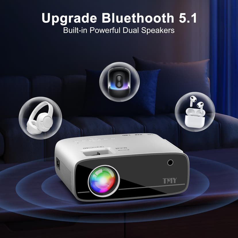 TMY Projector with WiFi and Bluetooth, Native 1080P Mini Projector, Portable Projector wirh 50% Zoom, Compatible with TV Stick/Phone/PC/DVD/HDMI/USB/TF, Movie Projector for Home Bedroom