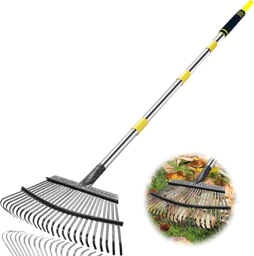 Rake Heavy Duty 6FT Long Garden Rake , 18.5 Inch Wide, 25 Metal Tines, Adjustable Stainless Steel Handle, Leaf Rakes for Leaves, Yards, Grass, Garbage, Weeds, Debris (Yellow)