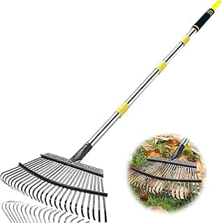 Rake Heavy Duty 6FT Long Garden Rake , 18.5 Inch Wide, 25 Metal Tines, Adjustable Stainless Steel Handle, Leaf Rakes for Leaves, Yards, Grass, Garbage, Weeds, Debris (Yellow)