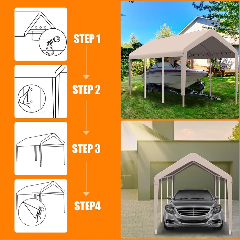 Carport Canopy 10'x20' Heavy Duty Replacement Cover, Garage Shelter Cover 800D Oxford Waterproof & UV Protected Tarp with Ball Bungees, Not Include Frame, Beige